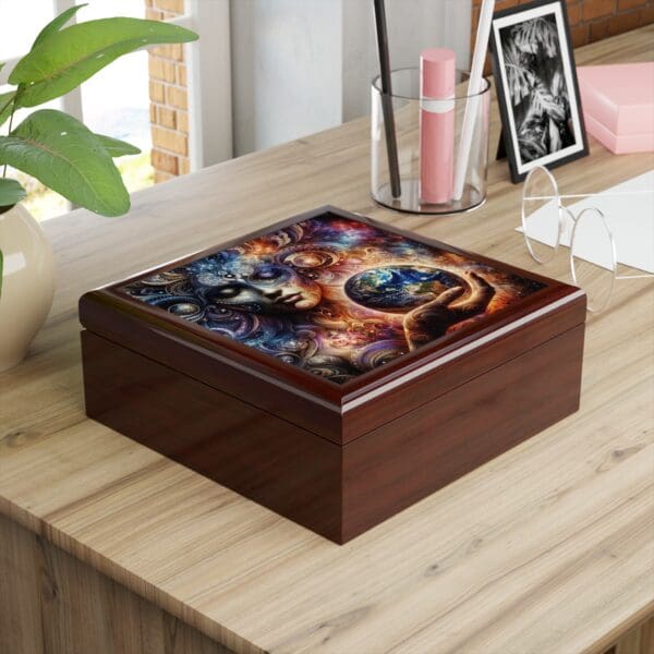 A wooden box with a picture of the earth on it