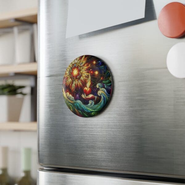 A refrigerator with some magnets on it