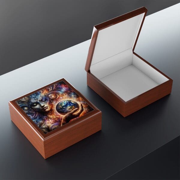 A wooden box with a picture of the earth