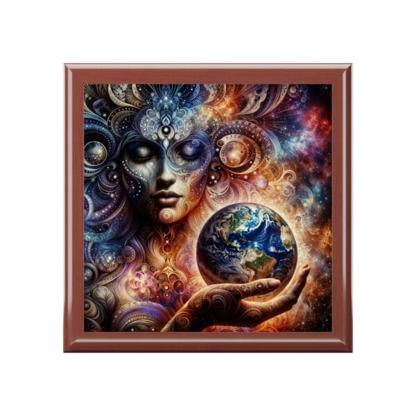 A painting of a woman holding an earth globe