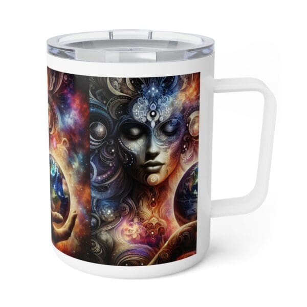 A cup with a picture of a woman 's face and colorful space background.