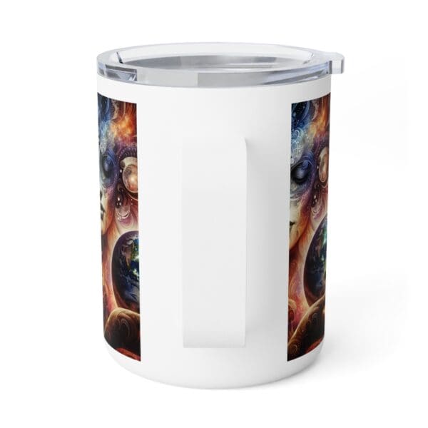 A white cup with a picture of a person