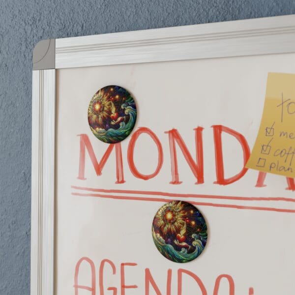 A white board with magnets on it