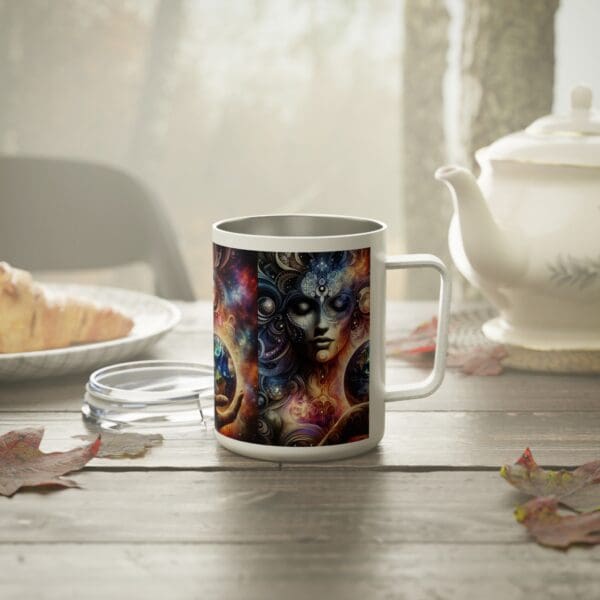 A coffee mug sitting on top of a wooden table.