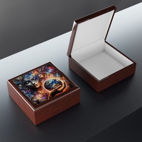 A wooden box with a picture of the earth on it
