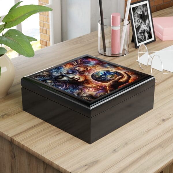 A wooden box with a picture of space